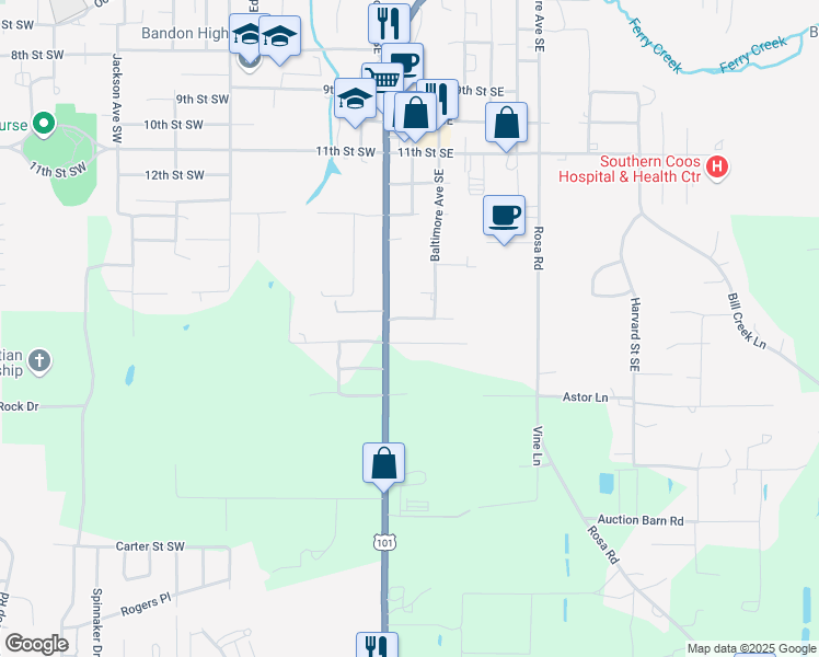 map of restaurants, bars, coffee shops, grocery stores, and more near 65 17th Street Southeast in Bandon