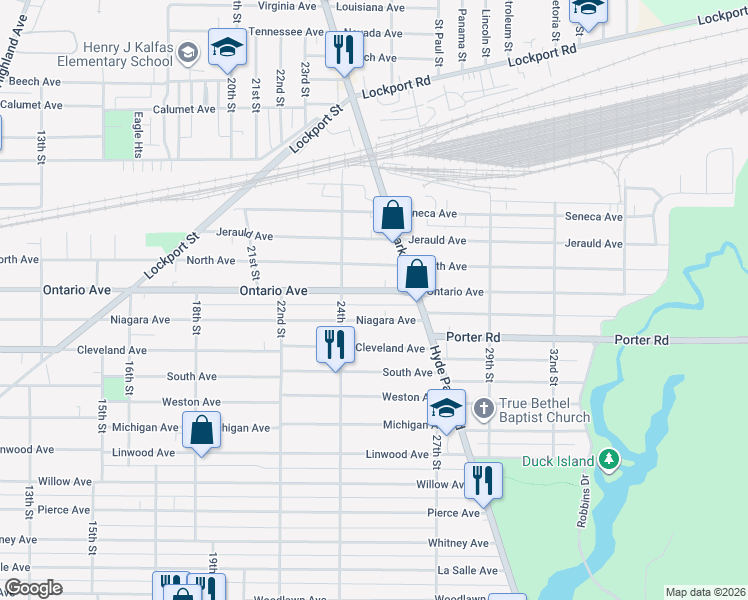 map of restaurants, bars, coffee shops, grocery stores, and more near 2435 Ontario Avenue in Niagara Falls