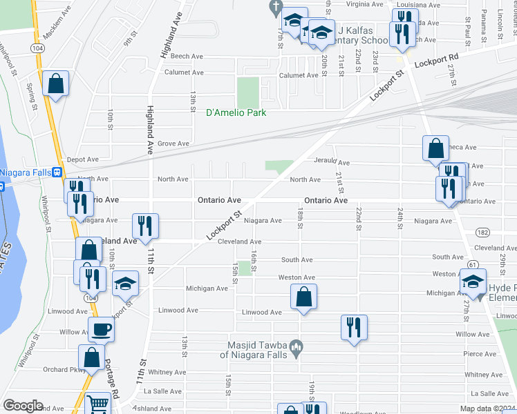map of restaurants, bars, coffee shops, grocery stores, and more near 1601 Ontario Avenue in Niagara Falls