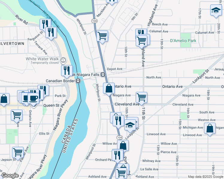 map of restaurants, bars, coffee shops, grocery stores, and more near 919 Ontario Avenue in Niagara Falls