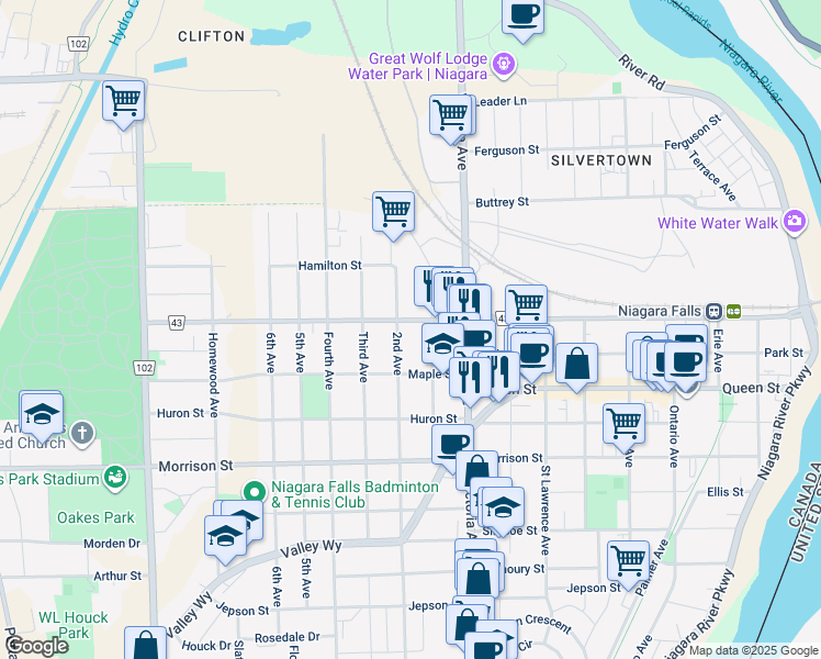 map of restaurants, bars, coffee shops, grocery stores, and more near in Niagara Falls