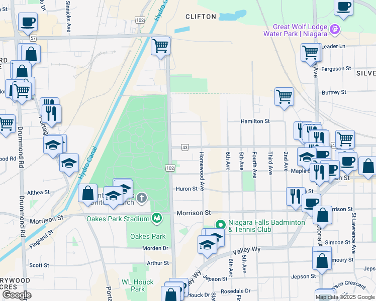 map of restaurants, bars, coffee shops, grocery stores, and more near 5390 Niagara Regional Road 43 in Niagara Falls