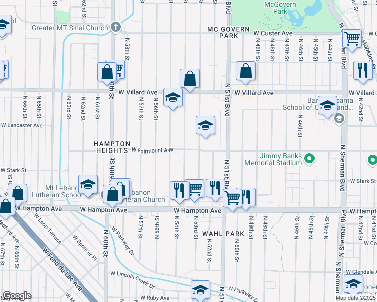 map of restaurants, bars, coffee shops, grocery stores, and more near 5000 North 54th Street in Milwaukee
