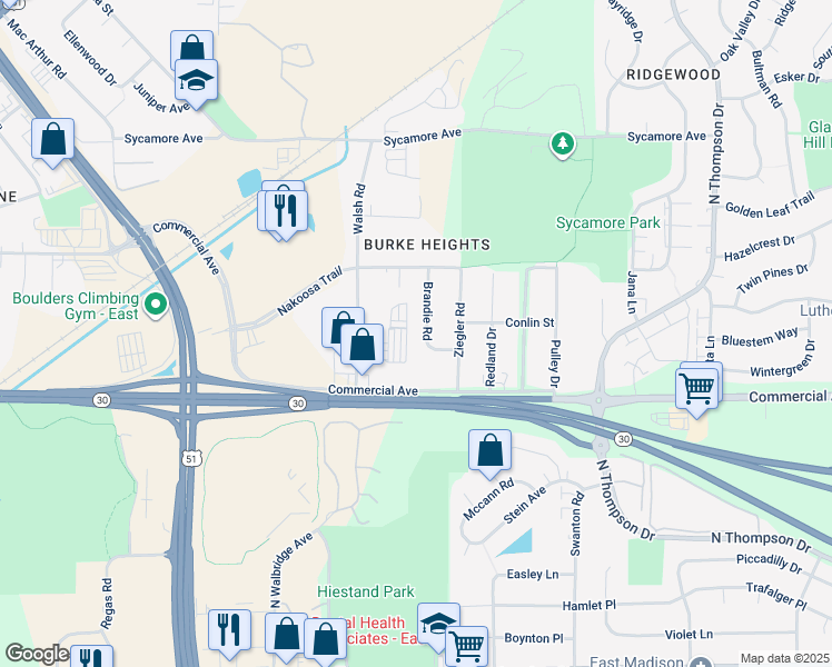 map of restaurants, bars, coffee shops, grocery stores, and more near 727 Brandie Road in Madison