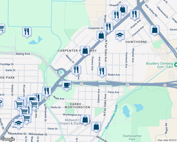 map of restaurants, bars, coffee shops, grocery stores, and more near 721 Pinecrest Drive in Madison
