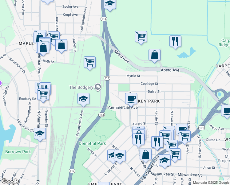 map of restaurants, bars, coffee shops, grocery stores, and more near 805 Mayer Avenue in Madison