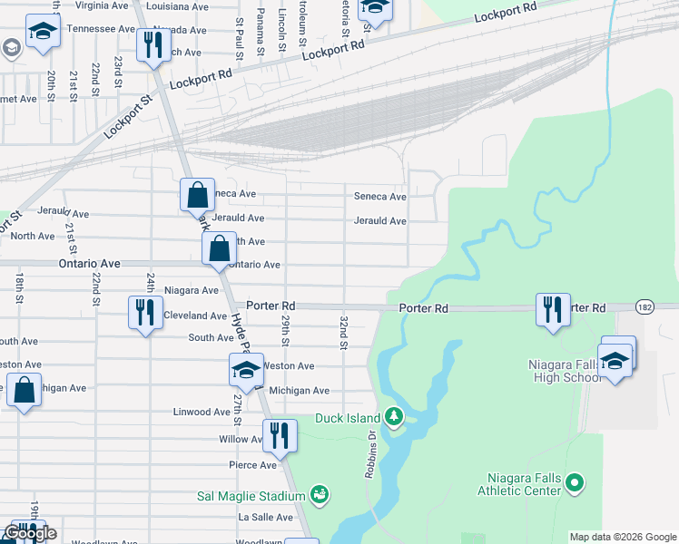 map of restaurants, bars, coffee shops, grocery stores, and more near 2965 Ontario Avenue in Niagara Falls