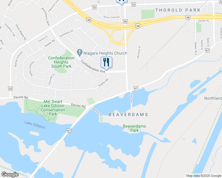 map of restaurants, bars, coffee shops, grocery stores, and more near 30 Lampman Crescent in Thorold