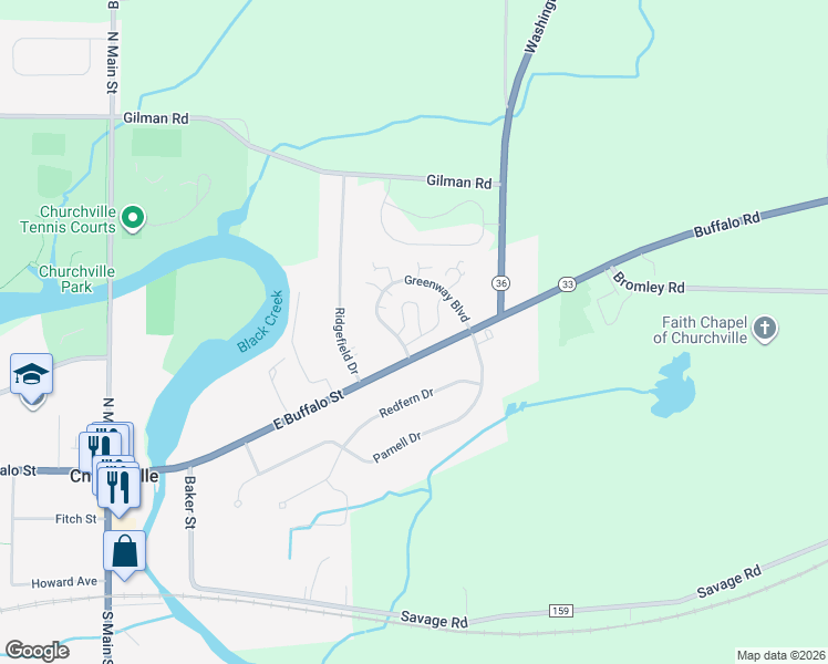 map of restaurants, bars, coffee shops, grocery stores, and more near 252 Greenway Boulevard in Churchville