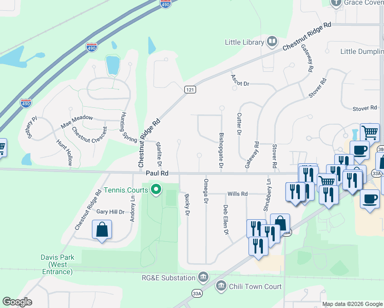 map of restaurants, bars, coffee shops, grocery stores, and more near 11 Chiswick Circle in Rochester