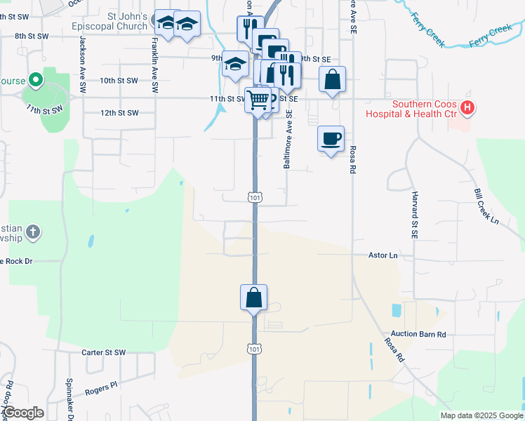map of restaurants, bars, coffee shops, grocery stores, and more near 65 17th Street Southeast in Bandon