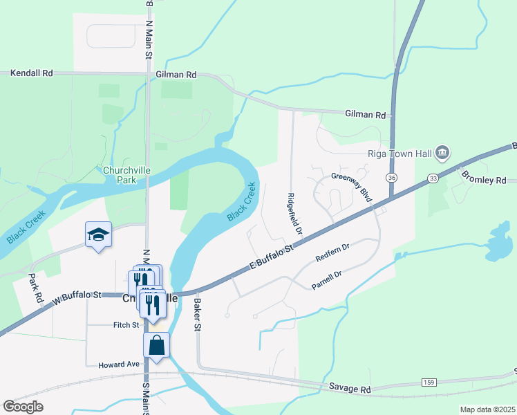 map of restaurants, bars, coffee shops, grocery stores, and more near 1 Willowbank Drive in Churchville