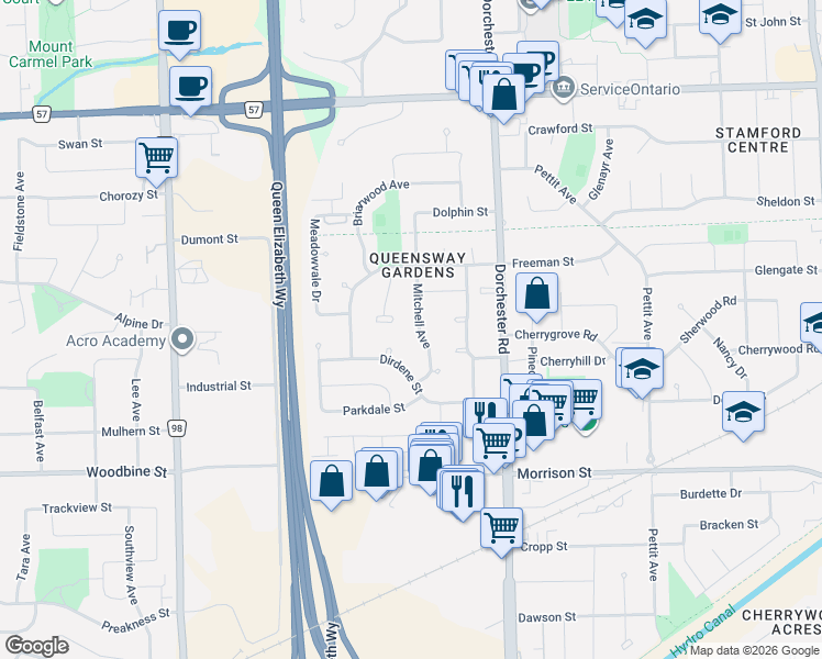 map of restaurants, bars, coffee shops, grocery stores, and more near 4479 Mitchell Avenue in Niagara Falls