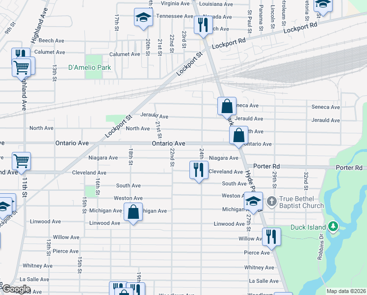 map of restaurants, bars, coffee shops, grocery stores, and more near 2225 Ontario Avenue in Niagara Falls