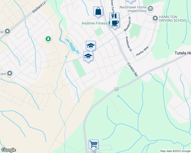 map of restaurants, bars, coffee shops, grocery stores, and more near Pollard Street in Brantford