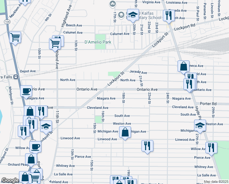 map of restaurants, bars, coffee shops, grocery stores, and more near 1639 Ontario Avenue in Niagara Falls