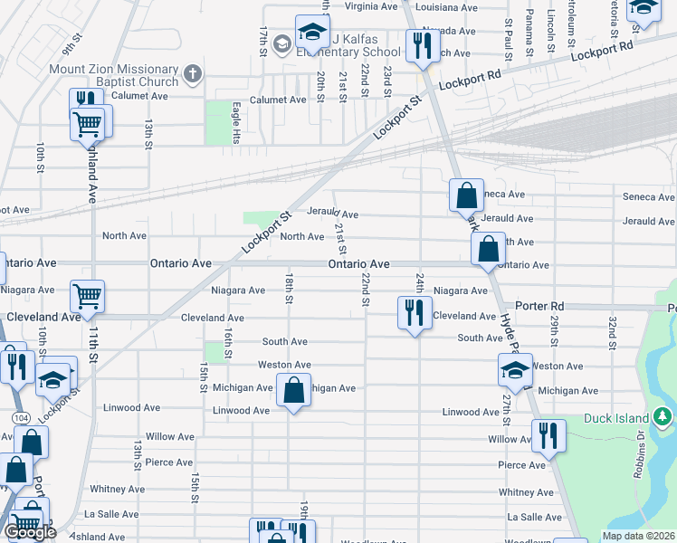 map of restaurants, bars, coffee shops, grocery stores, and more near 1831 Ontario Avenue in Niagara Falls