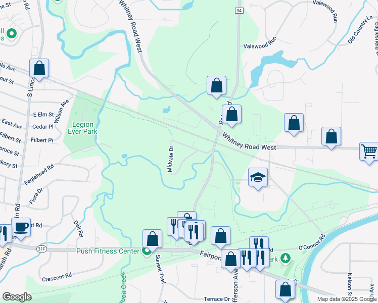 map of restaurants, bars, coffee shops, grocery stores, and more near 37 Midvale Dr in Fairport