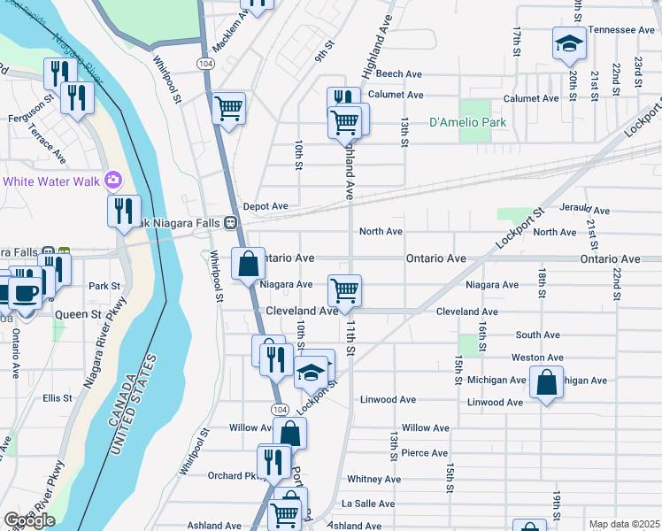 map of restaurants, bars, coffee shops, grocery stores, and more near 1031 Ontario Avenue in Niagara Falls