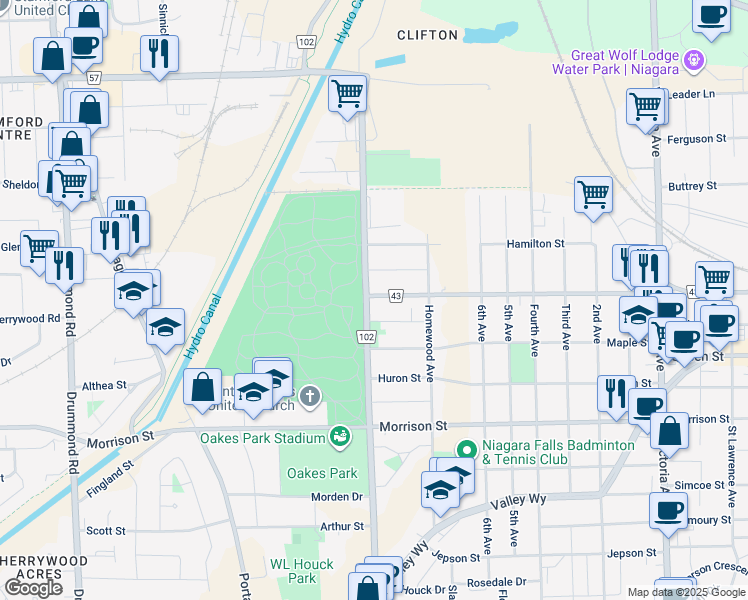 map of restaurants, bars, coffee shops, grocery stores, and more near 5446 Niagara Regional Road 43 in Niagara Falls