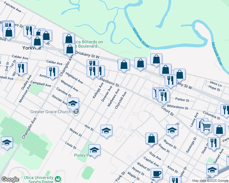 map of restaurants, bars, coffee shops, grocery stores, and more near 912 Mathews Avenue in Utica