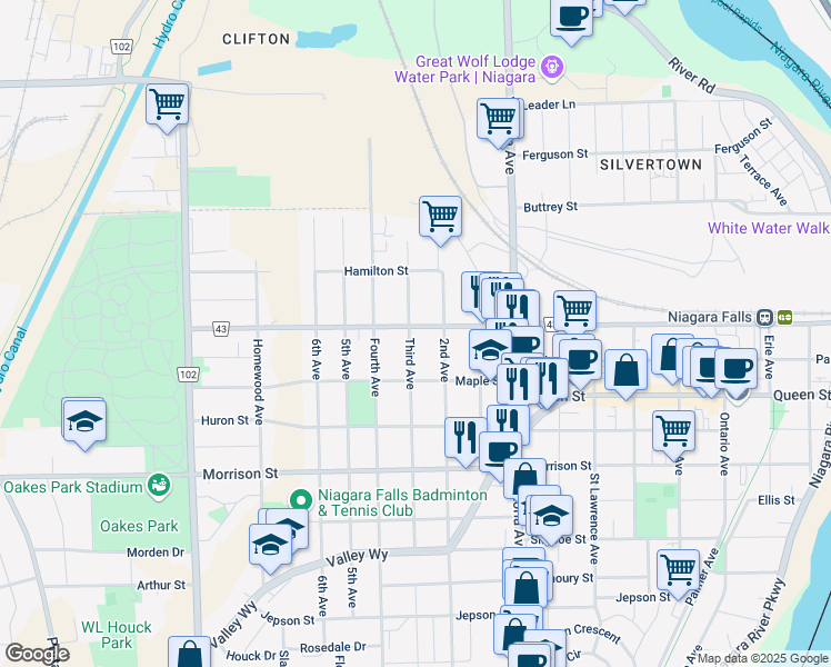 map of restaurants, bars, coffee shops, grocery stores, and more near 5000 Bridge Street in Niagara Falls