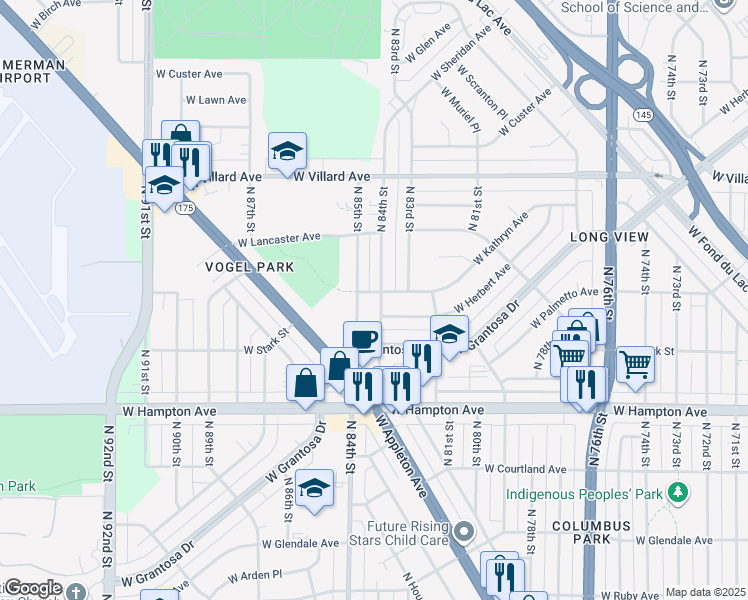 map of restaurants, bars, coffee shops, grocery stores, and more near 4977 North 84th Street in Milwaukee