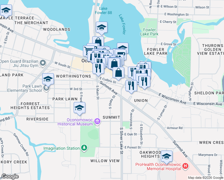 map of restaurants, bars, coffee shops, grocery stores, and more near 232 Summit Avenue in Oconomowoc