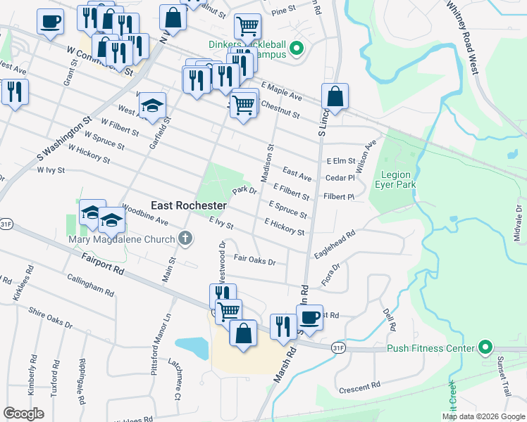 map of restaurants, bars, coffee shops, grocery stores, and more near 212 East Spruce Street in East Rochester