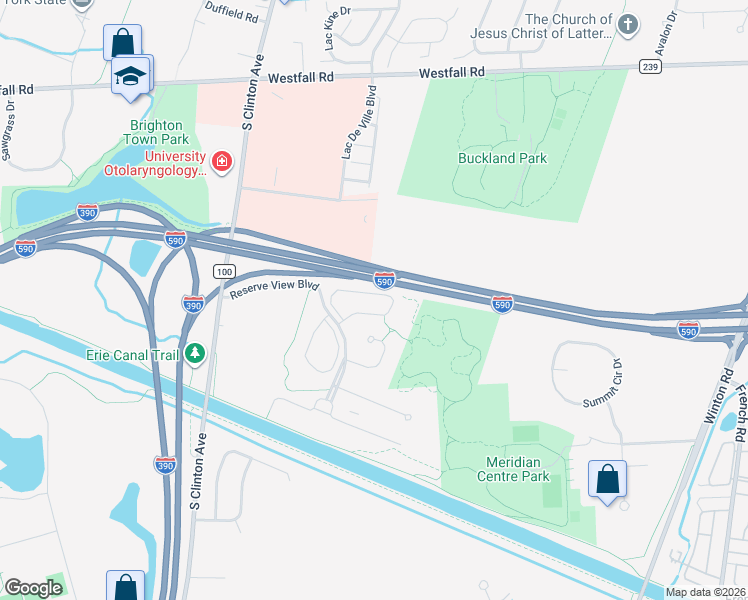 map of restaurants, bars, coffee shops, grocery stores, and more near 247 Bretlyn Circle in Rochester