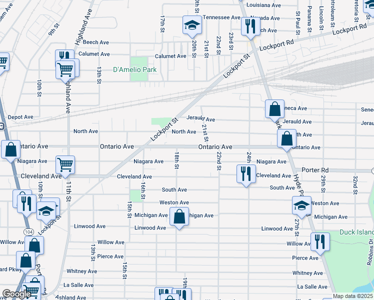 map of restaurants, bars, coffee shops, grocery stores, and more near 1803 Ontario Avenue in Niagara Falls