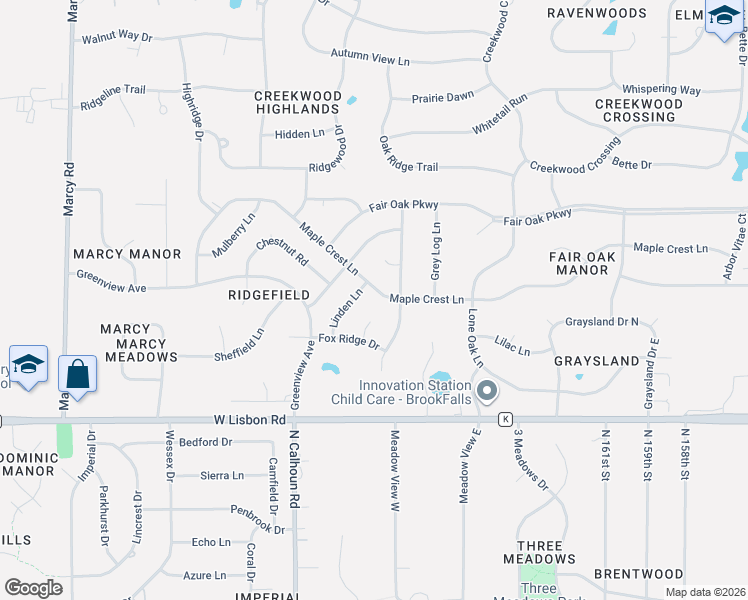 map of restaurants, bars, coffee shops, grocery stores, and more near N50W16933 Maple Crest Lane in Menomonee Falls