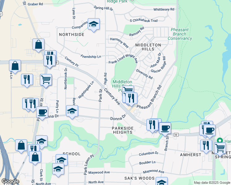 map of restaurants, bars, coffee shops, grocery stores, and more near 6938 Century Avenue in Middleton