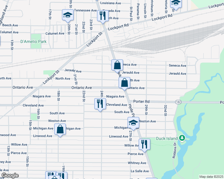map of restaurants, bars, coffee shops, grocery stores, and more near 2435 Ontario Avenue in Niagara Falls