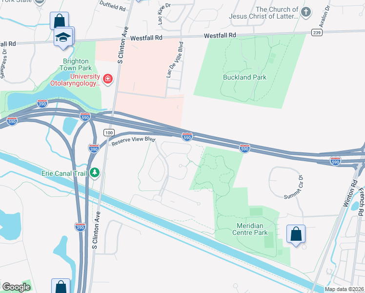 map of restaurants, bars, coffee shops, grocery stores, and more near 247 Bretlyn Circle in Rochester