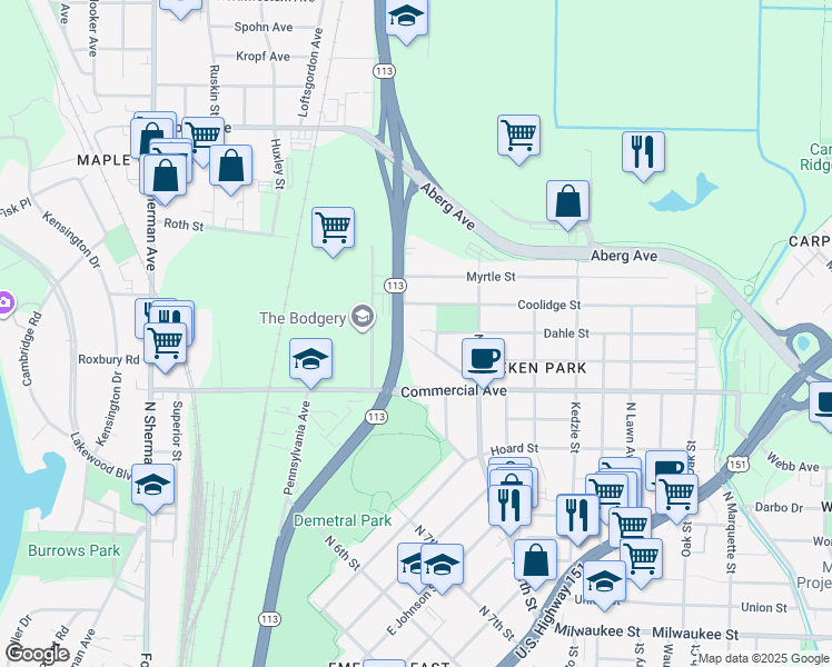 map of restaurants, bars, coffee shops, grocery stores, and more near 805 Mayer Avenue in Madison