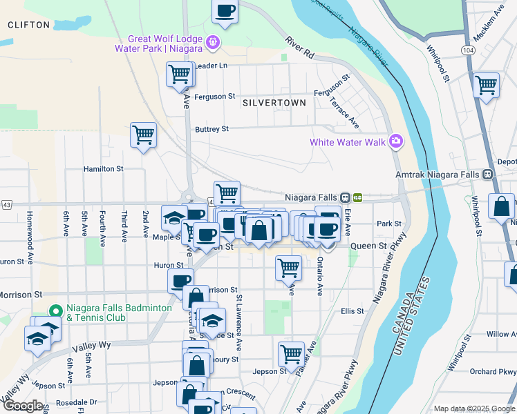 map of restaurants, bars, coffee shops, grocery stores, and more near 4580 Bridge Street in Niagara Falls