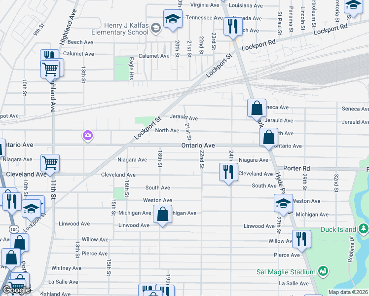 map of restaurants, bars, coffee shops, grocery stores, and more near 1857 Ontario Avenue in Niagara Falls