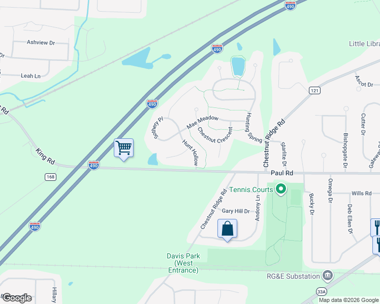 map of restaurants, bars, coffee shops, grocery stores, and more near 15 Hunt Hollow in Rochester