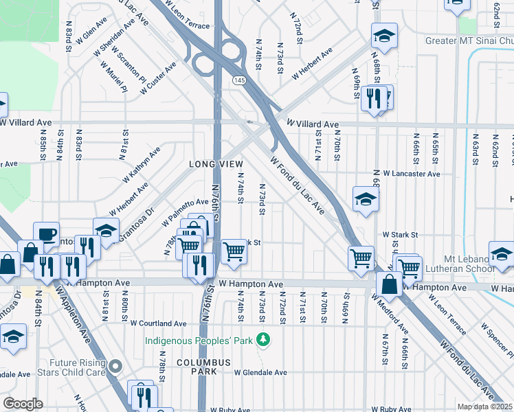map of restaurants, bars, coffee shops, grocery stores, and more near 4977 North 73rd Street in Milwaukee