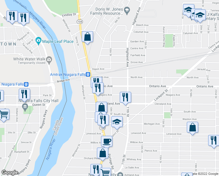 map of restaurants, bars, coffee shops, grocery stores, and more near 2120 10th Street in Niagara Falls