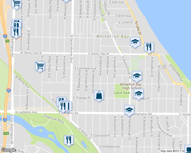map of restaurants, bars, coffee shops, grocery stores, and more near 5032 North Hollywood Avenue in Whitefish Bay