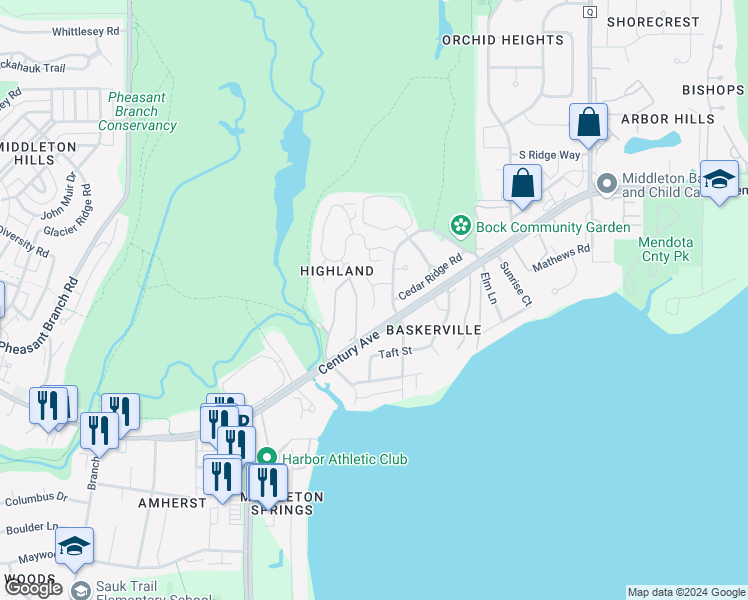 map of restaurants, bars, coffee shops, grocery stores, and more near 5830 Highland Terrace in Middleton