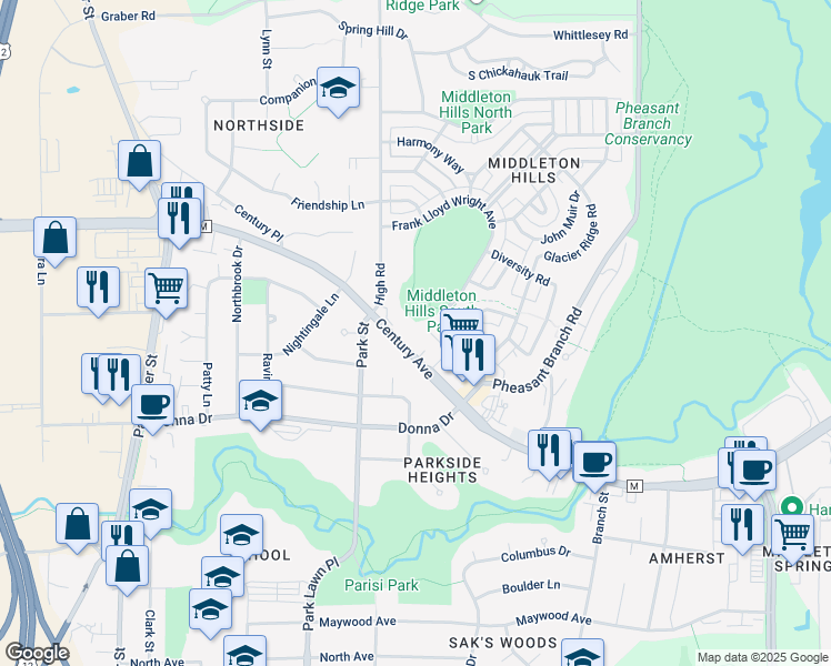 map of restaurants, bars, coffee shops, grocery stores, and more near 6916 Century Avenue in Middleton
