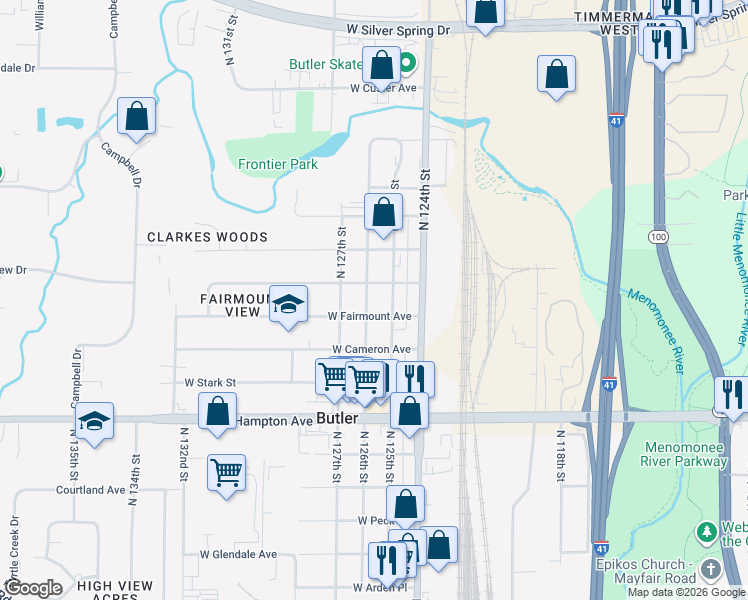 map of restaurants, bars, coffee shops, grocery stores, and more near 5022 North 126th Street in Butler