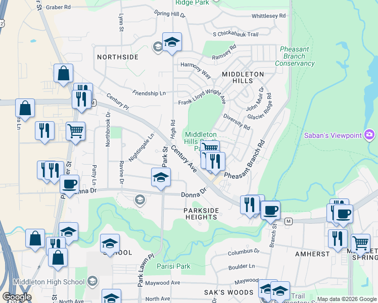 map of restaurants, bars, coffee shops, grocery stores, and more near 6916 Century Avenue in Middleton