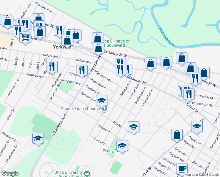 map of restaurants, bars, coffee shops, grocery stores, and more near 2116 Maynard Avenue in Utica