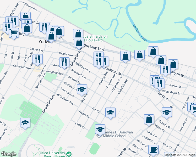 map of restaurants, bars, coffee shops, grocery stores, and more near 2107 Highland Avenue in Utica