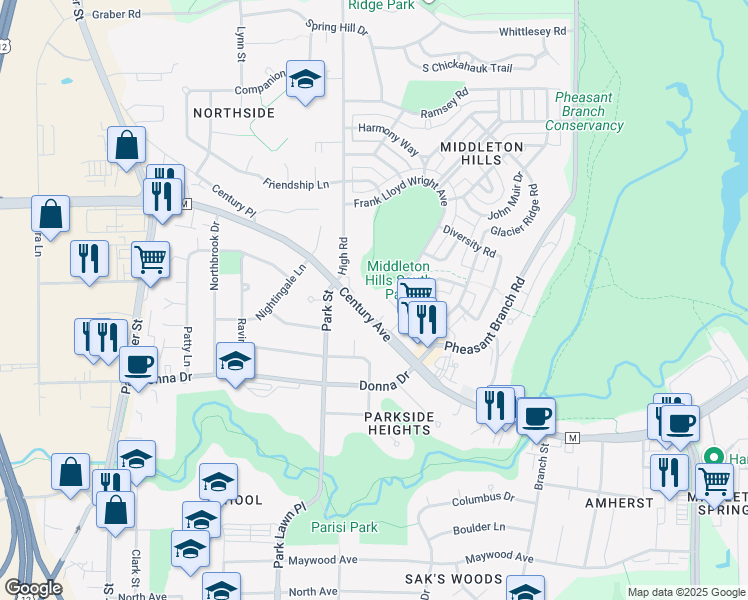 map of restaurants, bars, coffee shops, grocery stores, and more near 6916 Century Avenue in Middleton