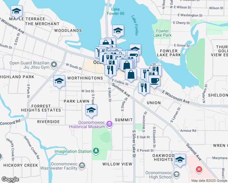 map of restaurants, bars, coffee shops, grocery stores, and more near 213 South Cross Street in Oconomowoc